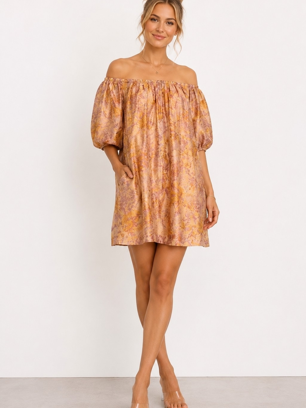 NWT Melloday Floral Satin Off-the-Shoulder Balloon Sleeve Mini Dress Size L